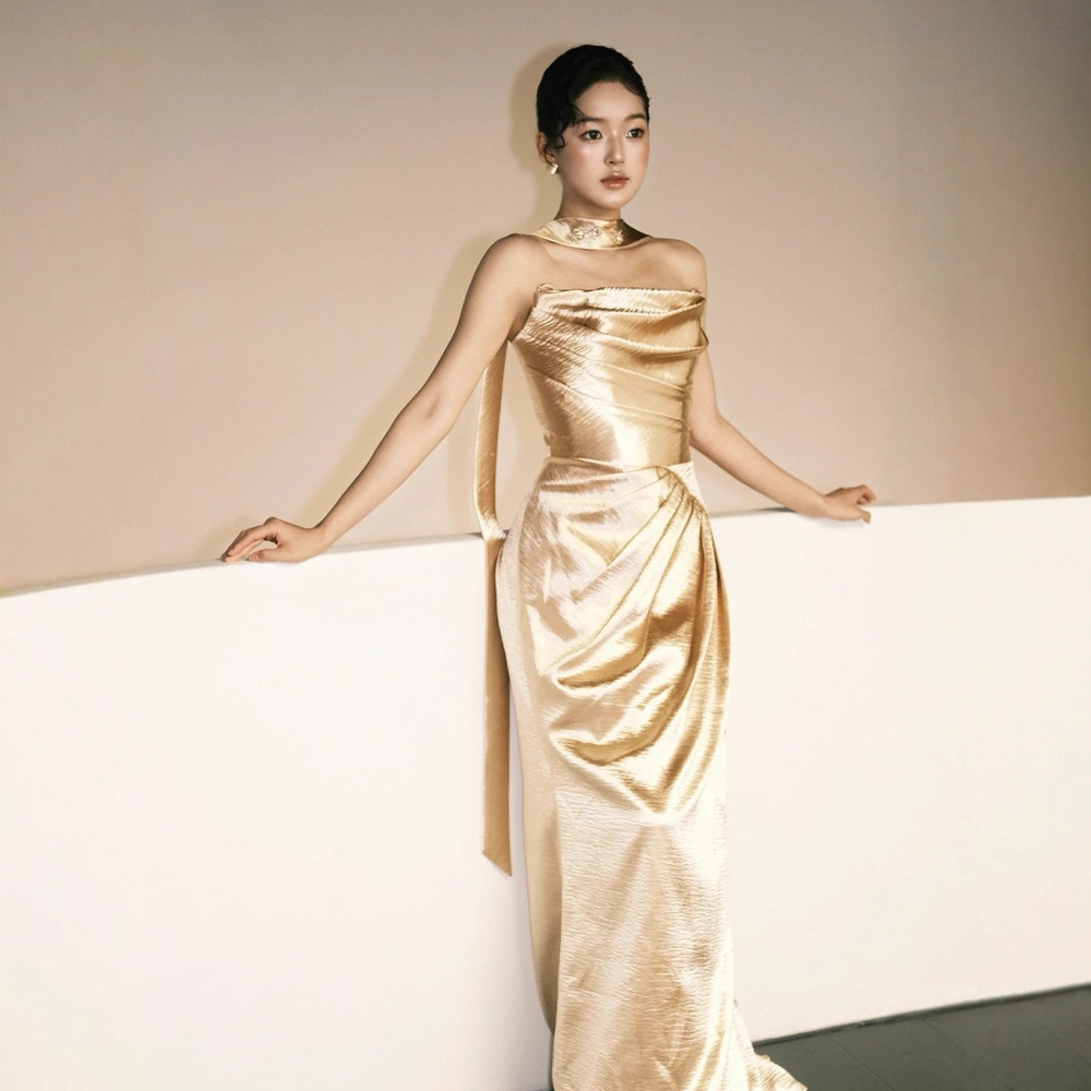 2026 New Champagne Gold Glossy Niche Strapless Engagement Wedding Morning Gown Toast Dress Formal Dress