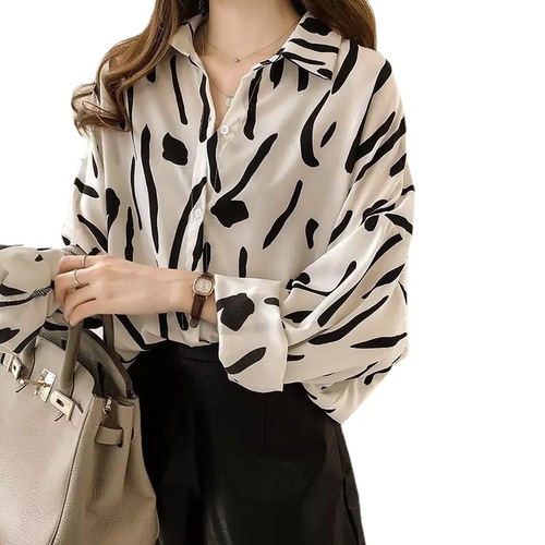 Doodle Print Shirt Women Long Sleeve Top Loose Plus Size Korean Style Blouse Basic Shirt