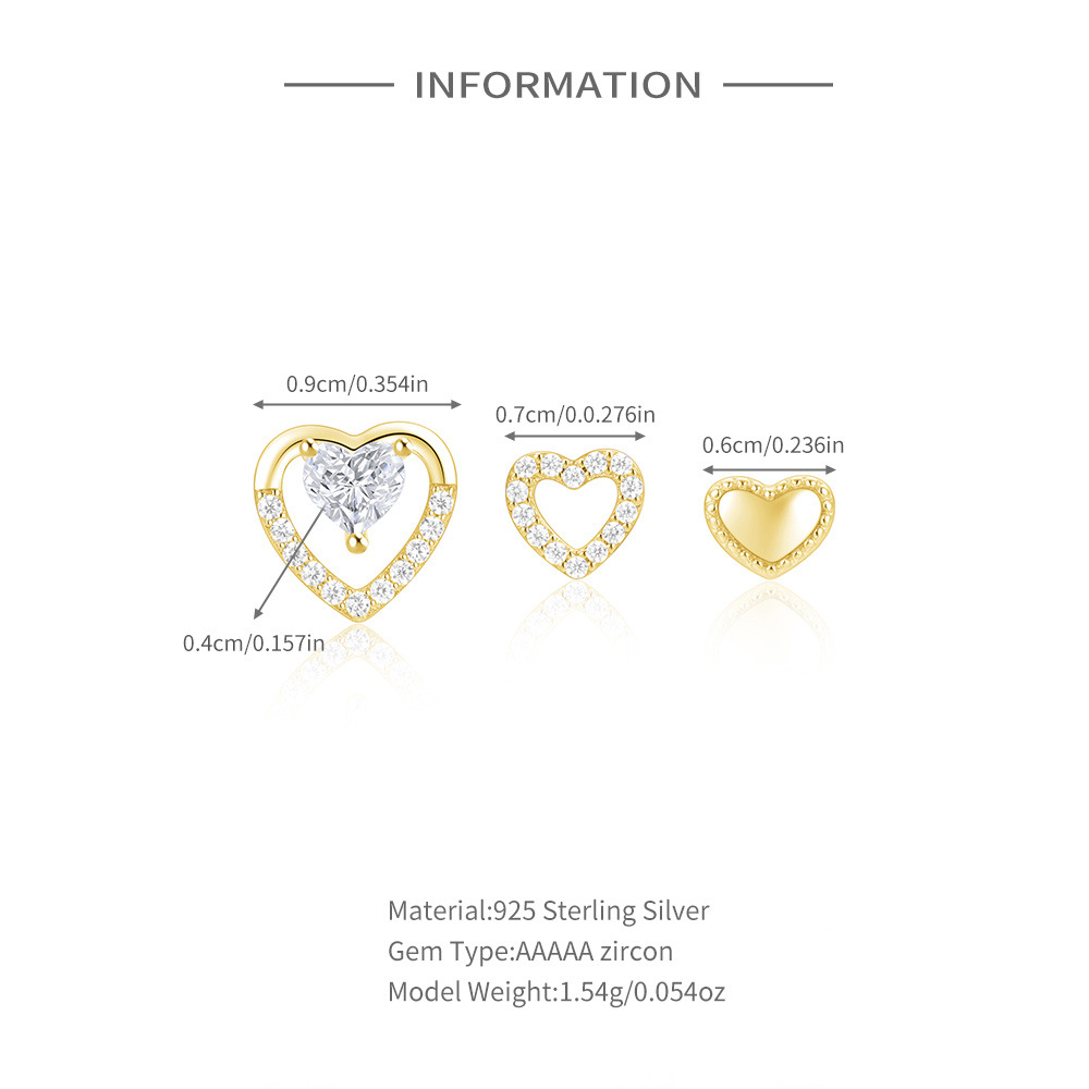 4g Weight 3 Pieces Set 925 Sterling Silver Zircon Heart Shape Ear Studs