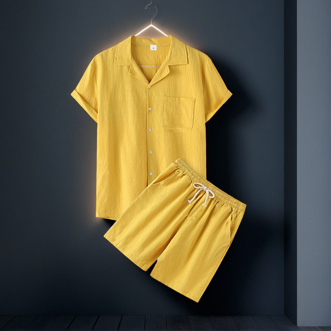 2023 verano transfronterizo algodón y lino de los hombres de color sólido solapa de moda camisa de manga corta pantalones cortos traje de dos piezas preventa