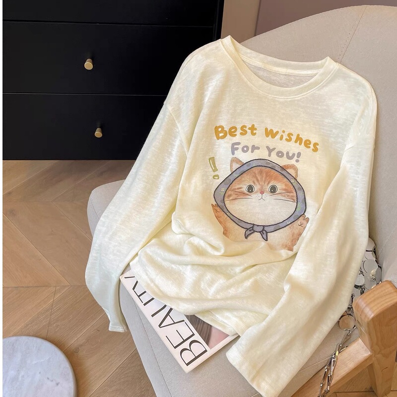 Foreign Trade Kitten Print Long-Sleeve T-Shirt for Women, 2025 New Autumn Style, Snowflake Cotton Cover-Up, Loose Print Top