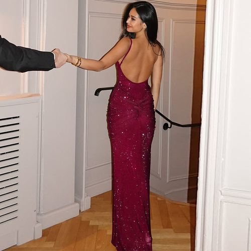 European and American Style 2025 Summer New Cross-Border Women's Sexy Backless Gold-Plated Pleated Bodycon Tank Dress