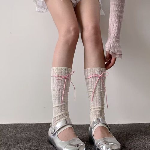 Striped lace mid-calf socks for summer: lightweight, sweet, Japanese-style design with a bow tie and mesh-cutout details—perfect for JK-inspired looks.