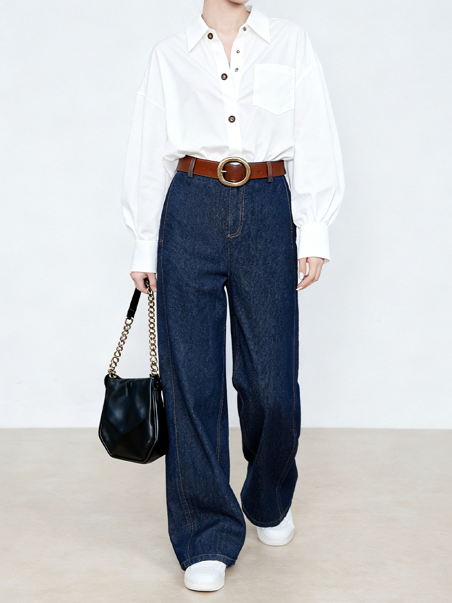 Quần jean ống rộng Xinge denim xanh chống phai màu, lưng cao, dáng suông dài đến sàn — màu xanh denim