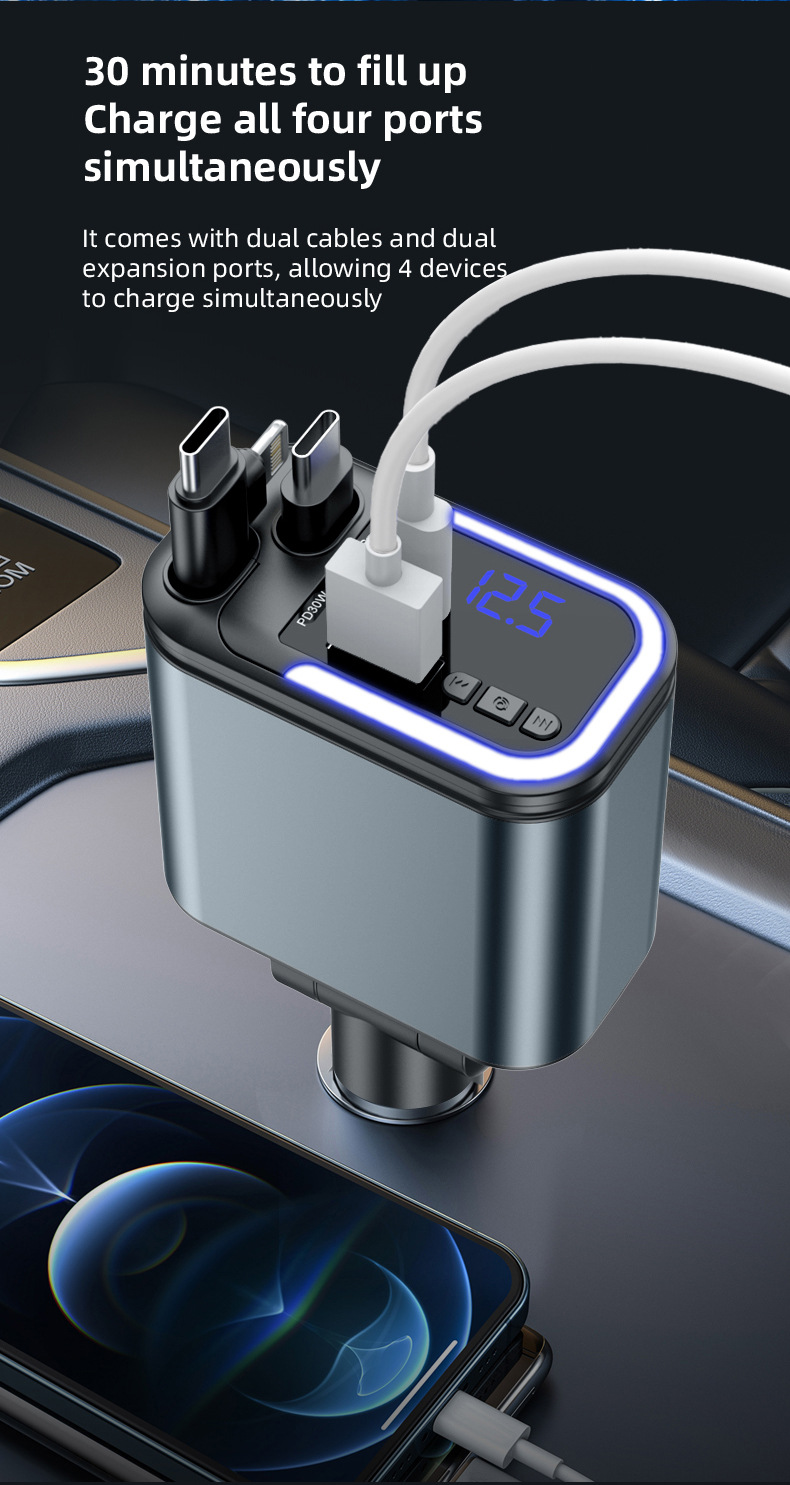Car Charger Multi-Function Fast Charging Car Mp3 Player Bluetooth Plug-In USB Disk Listening to Music with Retractable Cable Five-In-One