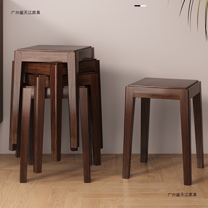 Black Walnut Stool Solid Wood Living Room Stackable Dining Stool New Chinese Style Home Minimalist Style Square Stool Simple Small Stool