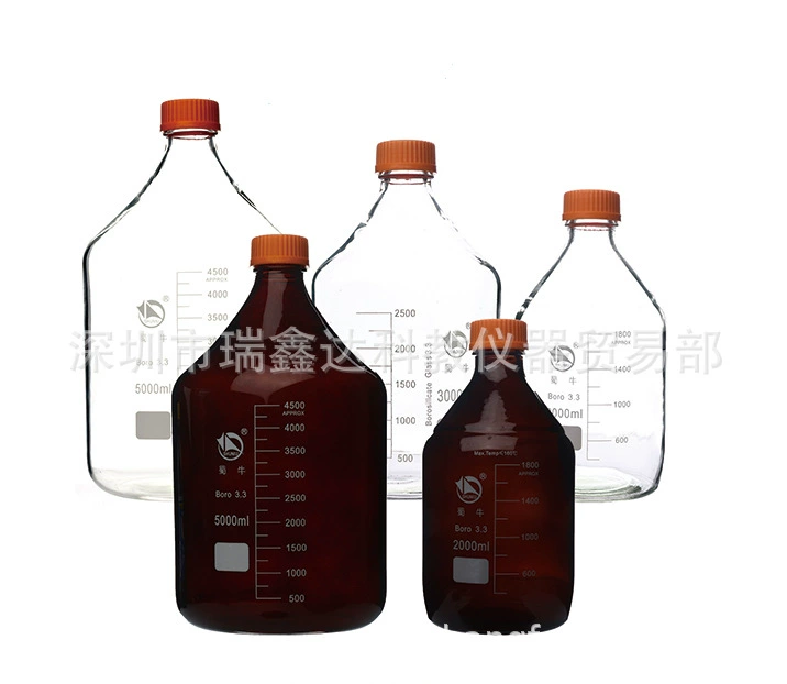 Бутыль для реагентов Shuniu с желтой и синей крышкой, 2000, 3000, 5000, 10000 мл, из высококачественного боросиликатного стекла, коричневая, с резьбовым горлышком, 20 л