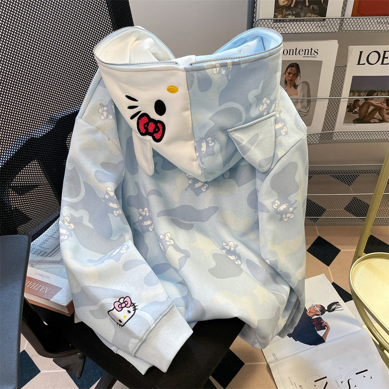 アメリカンスイートクールフルプリント迷彩刺繍kt猫スウェットシャツレディース春秋ヴィンテージドーパミンフード付きジャケットカーディガン|undefined