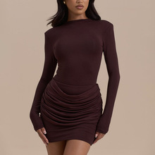 欧美2025热销新款秋季连衣裙纯色包臀高腰时尚修身褶皱热辣性感短