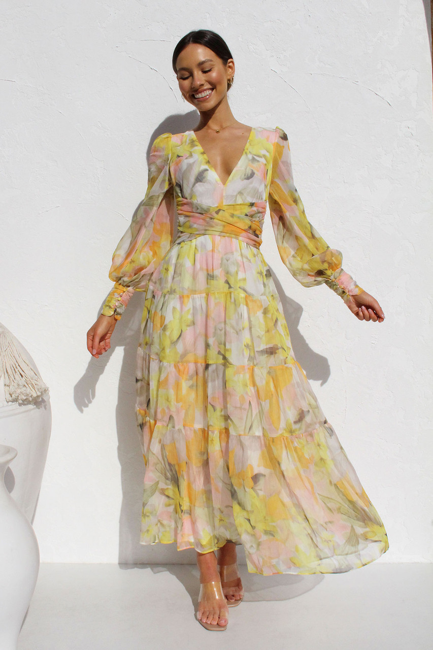 Printed V-Neck Long Sleeve Midi Dress main image 1