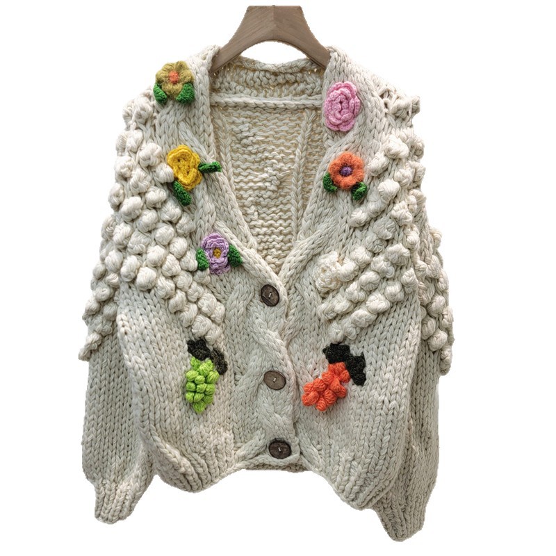 Flor tridimensional bola de lana de cuello en V de punto Cardigan mujeres 2025 invierno nuevo abrigo de estilo de mujer suelto dulce