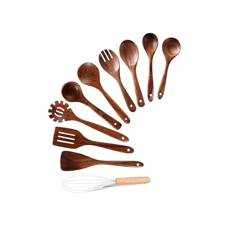 Juego de cocina de teca, cuchara de pala de madera maciza, tenedor, sartén antiadherente, utensilios de cocina de madera de acacia, espátula de mango largo, juego de cocina de 9 piezas