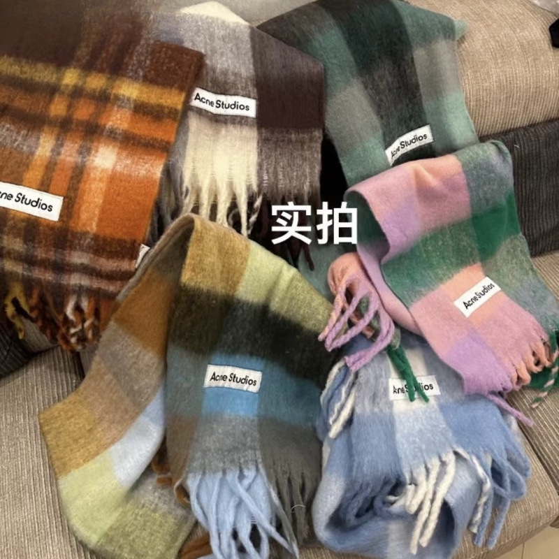 秋冬新款加厚保暖彩虹色格子围巾欧美圈圈纱粗流苏拼色披肩|undefined