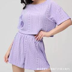 25欧美跨境夏季新款镂空短袖短裤睡衣套装女士圆领套头家居服直供