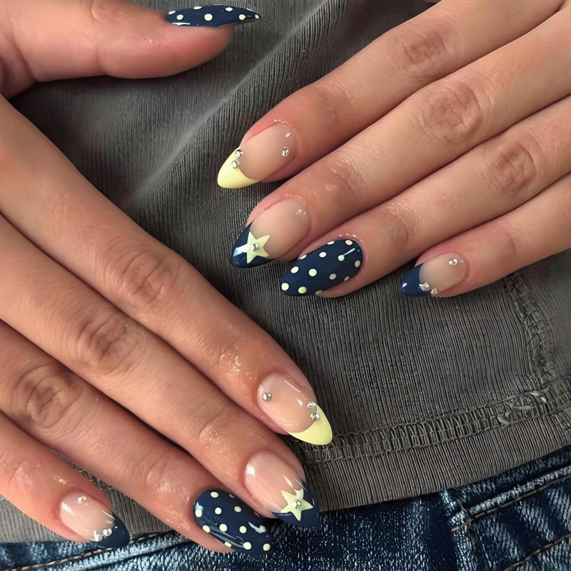 Foreign Trade Wearable Nails, Navy Blue and Yellow, French Polka Dot Star Manicure Pieces, Fake Nail Pieces, Factory Wholesale 24 Pieces Foreign Trade Wearable Nails, Navy Blue and Yellow, French Polka Dot Star Manicure Pieces, Fake Nail Pieces, Factory Wholesale 24 Pieces