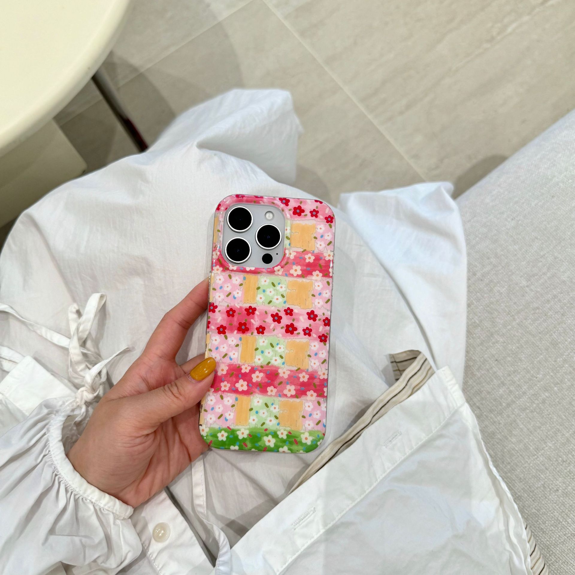 Pintura al óleo coreana empalme floral para Apple 15ProMax funda para teléfono móvil 16Pro cordón 14/13 Pareja 16PM