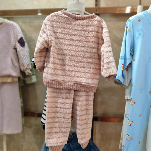 Children's Homecoming Dress Thick Winter Korean Style One-Sided Fleece Pajama Set for Big Kids, Unisex Two-Piece Set