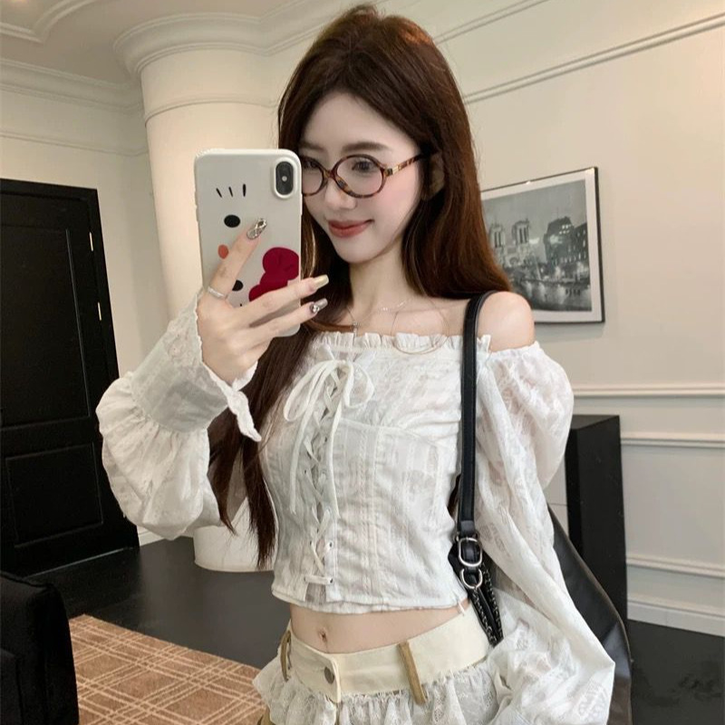 Butterfly Pattern Tie-Up Off-Shoulder Long-Sleeve Shirt for Women, Spring and Autumn Design, Niche Style, Slimming Lace Patchwork Top