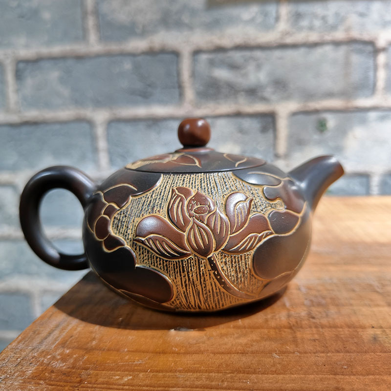 钦州坭兴陶茶壶西施壶浮雕荷花工艺纯手工厂直销小容量工夫泡茶具