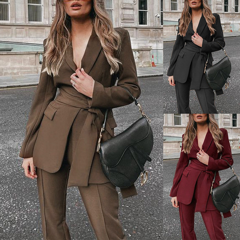 FD507 in stock 2025 Fall/Winter Cross-border Women's Fashion Thickened High-end Lace-up Suit Pants suit Two-piece Set