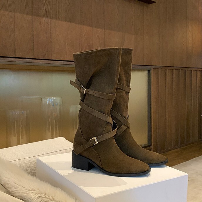 In-stock delivery of 2026 new model 7cm height-increasing women's long boots with cross straps, chunky heels, and high-heeled riding boots In-stock delivery of 2026 new model 7cm height-increasing women's long boots with cross straps, chunky heels, and high-heeled riding boots