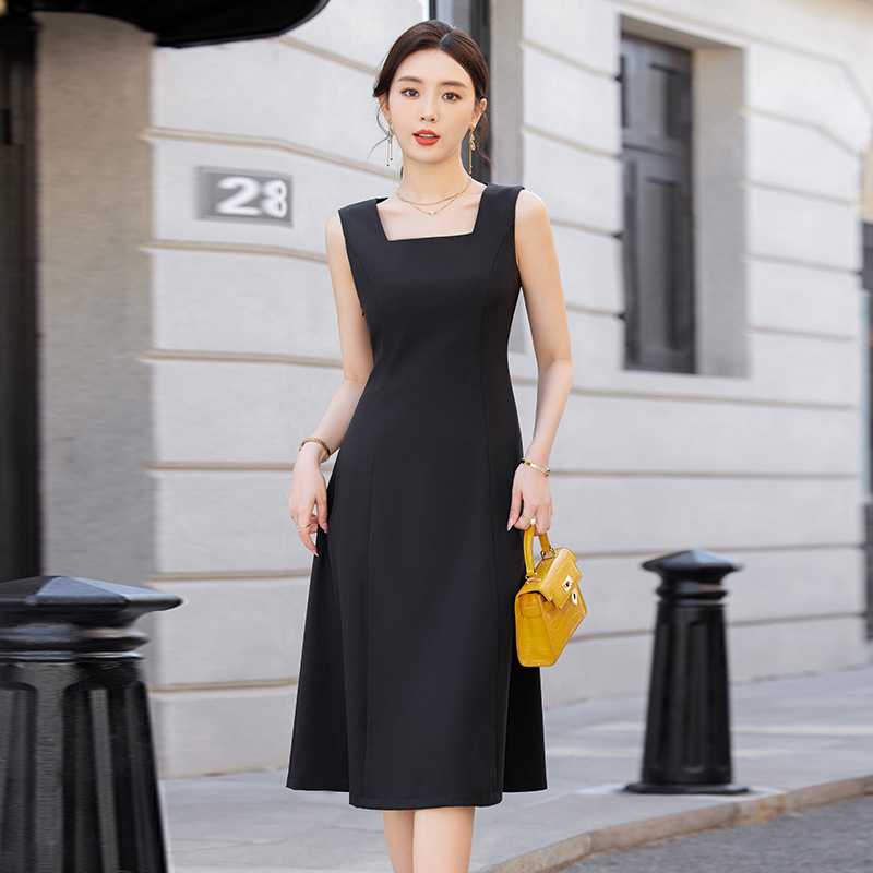 七谷娘黑色无袖连衣裙女春秋季配西装内搭打底裙背心裙小黑裙百搭