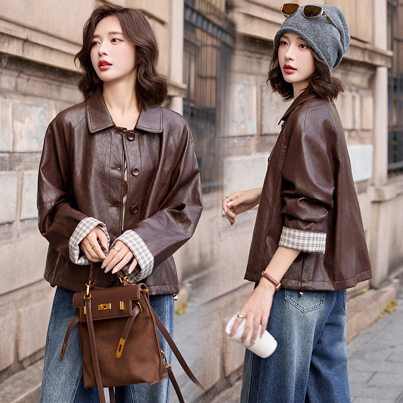 Haining Genuine Leather Jacket for Women, Maillard Sheepskin High-End Fashion Coat, High-End Retro Light Oil Wax Motorcycle Jacket