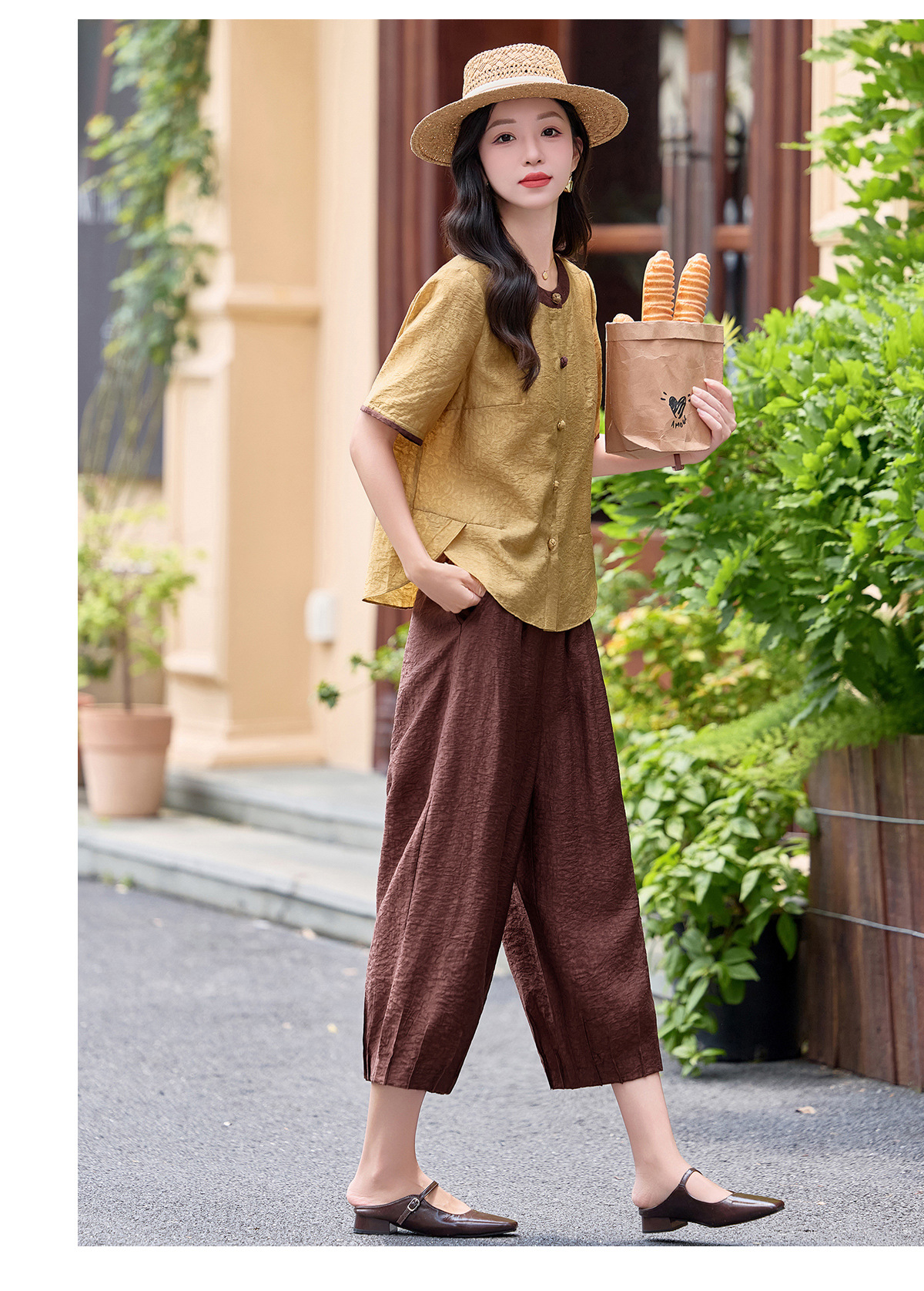 Bộ quần áo nữ hai mảnh gồm áo thun cổ tròn và quần ống đứng dài 9 phần — Cam + Xanh đậm, Vàng + Nâu chi tiết 16