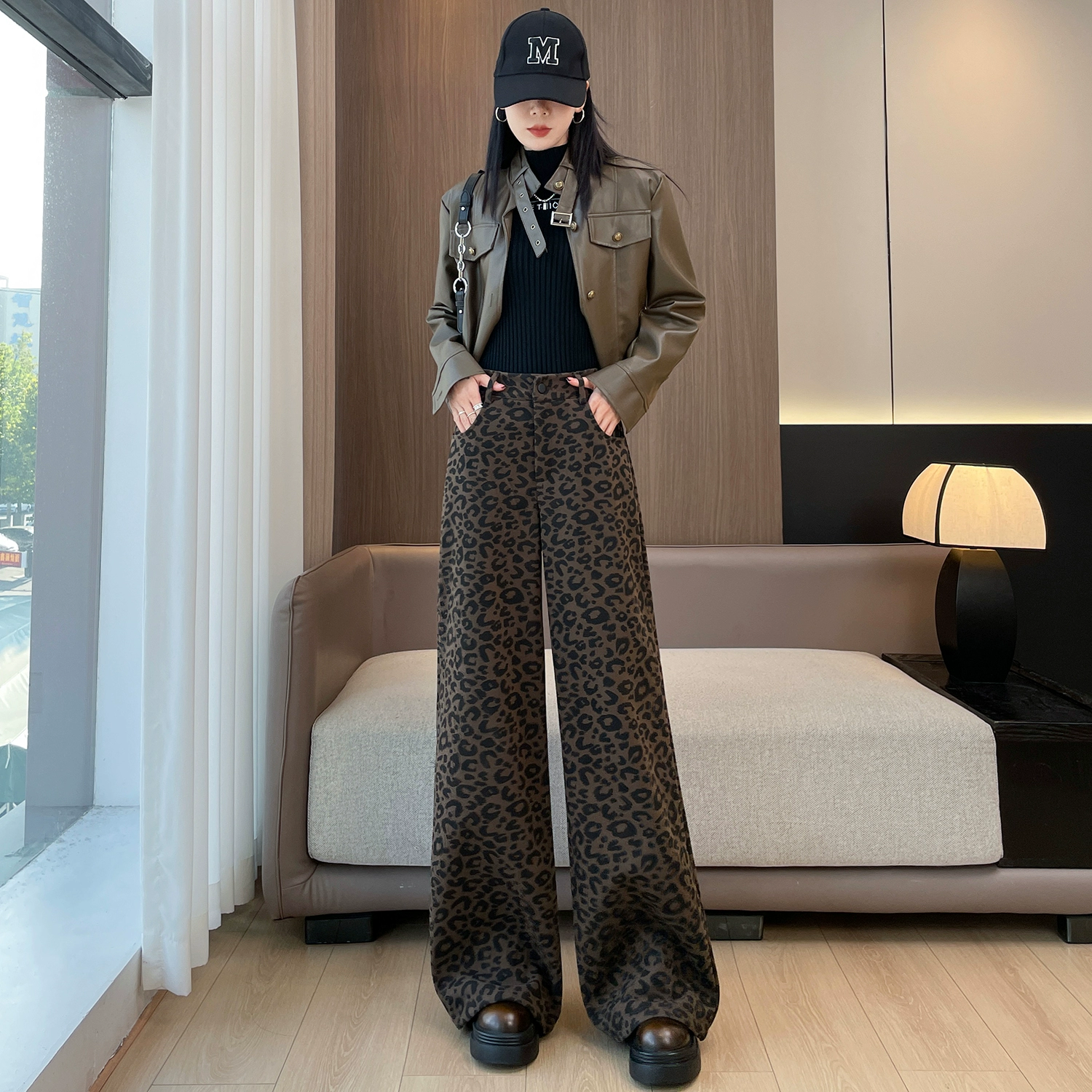 Американские леопардовые пушистые широкие брюки осенью и зимой толстые плюшевые женские брюки