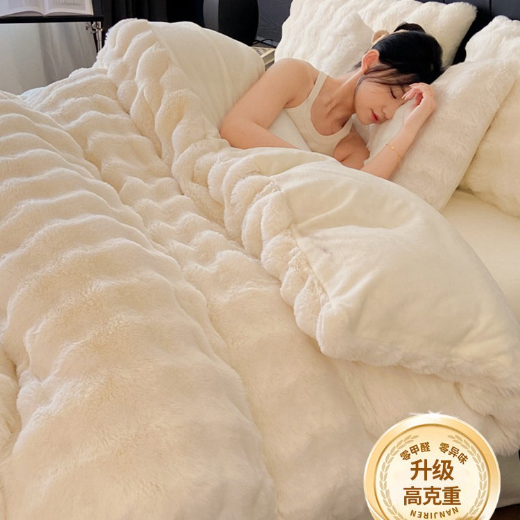 Cama de terciopelo de leche de cuatro piezas de terciopelo de conejo de imitación de alta gama, funda de edredón de sábana de invierno de terciopelo de coral de doble cara gruesa 2025 nuevo