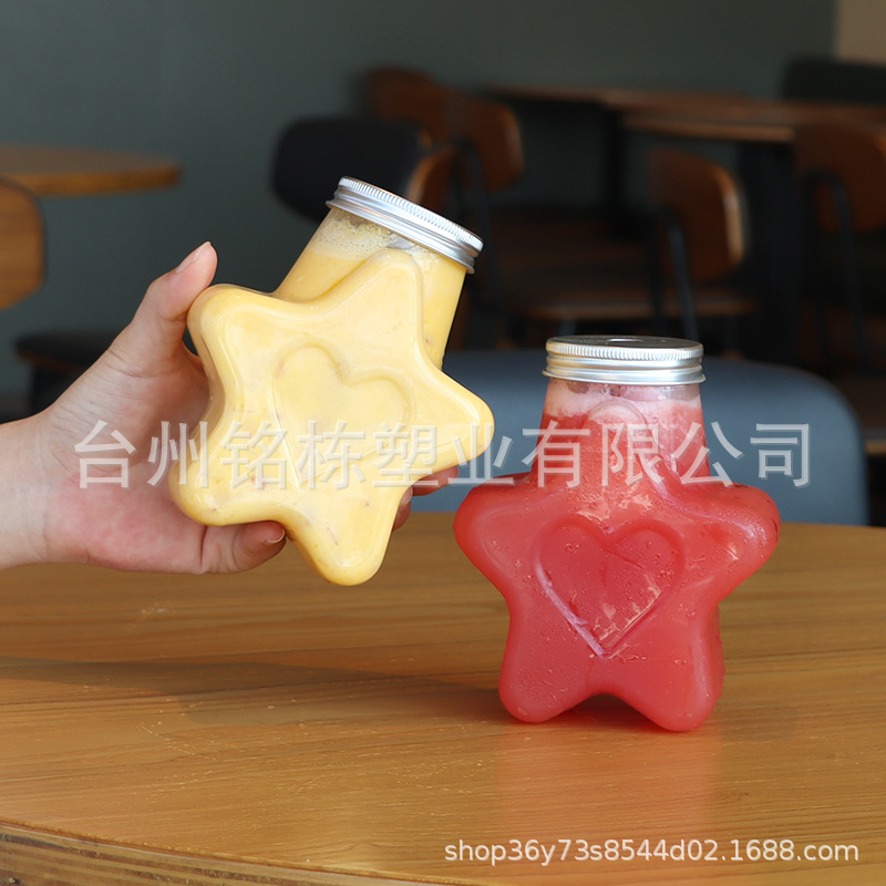 250mlpet pentagrama estrella botella de plástico leche botella de té bebida botella de jugo tapa de aluminio creativo leche taza de té jugo fresco exprimido