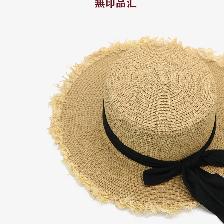 ヘボンスタイル麦わら帽子女性の夏の海辺の日焼け止めフラットトップハットフレンチ大きなつばの太陽漁師の帽子|undefined