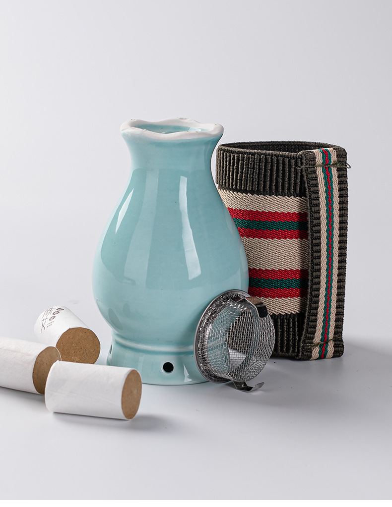 Ceramic Moxa Jar Small Neck Warming Tool with Cloth Sleeve and Ash Guard for Home Moxibustion preparation
