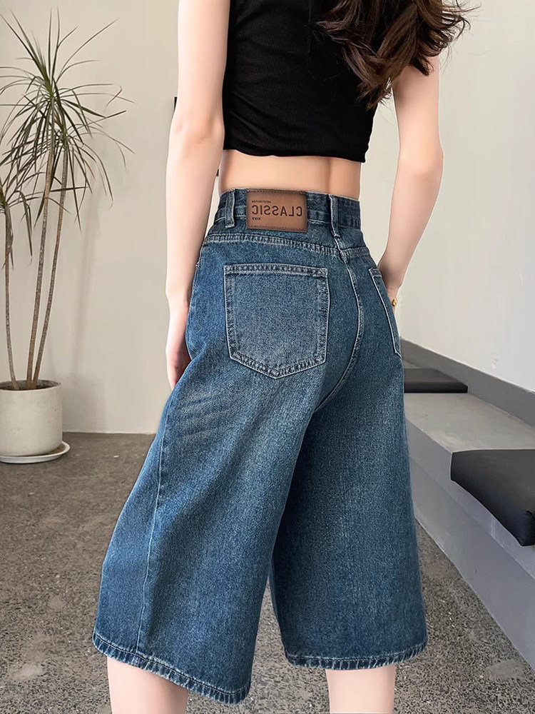 Quần short jean nữ lưng cao 5 phân kiểu Mỹ dáng suông rộng — Màu xanh - Quần lửng