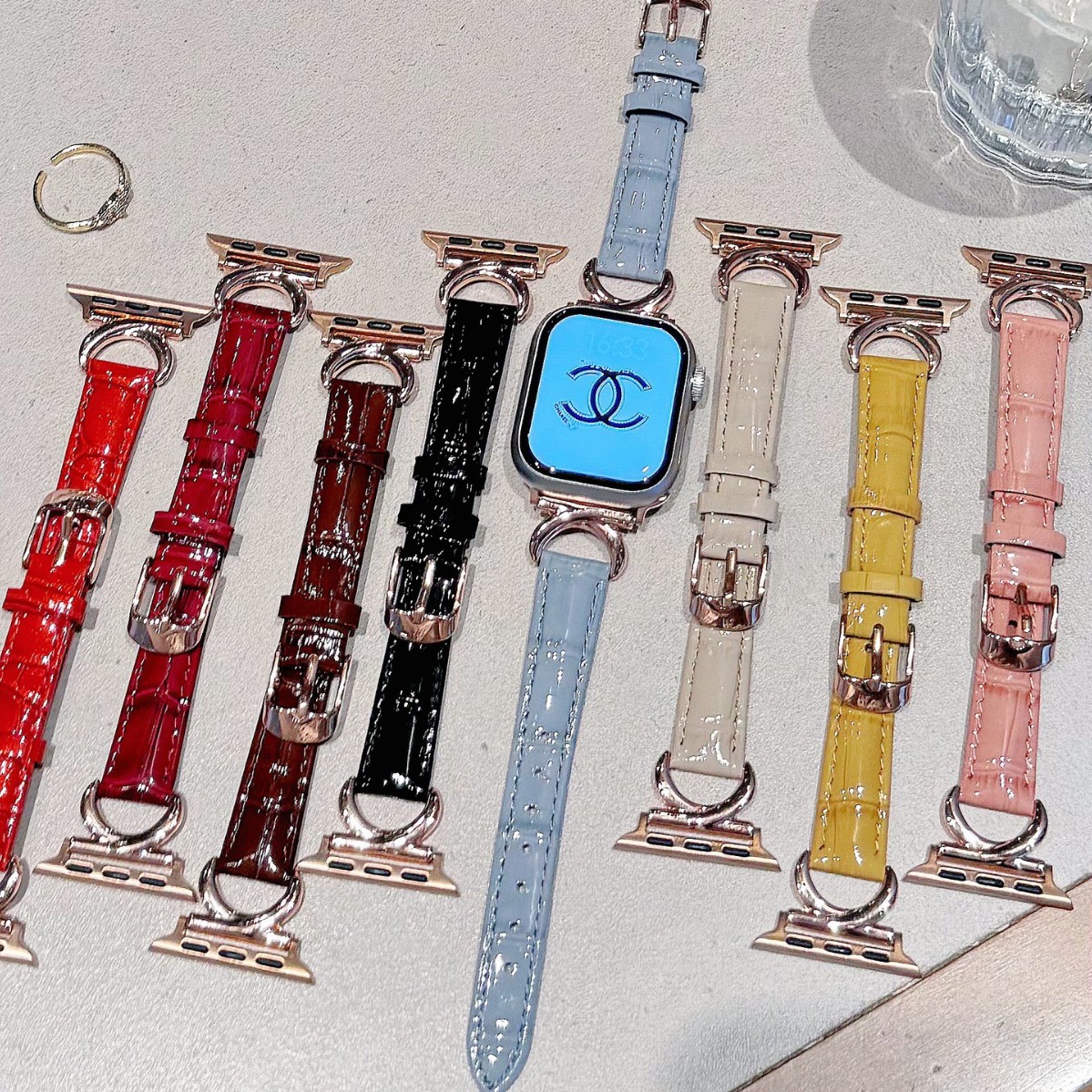 亮面漆皮八色竹节皮质表带适用苹果手表iwatch12代11/10
