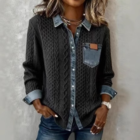 2025 New European and American Style Knitted Splicing Denim Shirt Women's Autumn and Winter Fashion Versatile Long-Sleeved Cardigan Jacket 2025 New European and American Style Knitted Splicing Denim Shirt Women's Autumn and Winter Fashion Versatile Long-Sleeved Cardigan Jacket