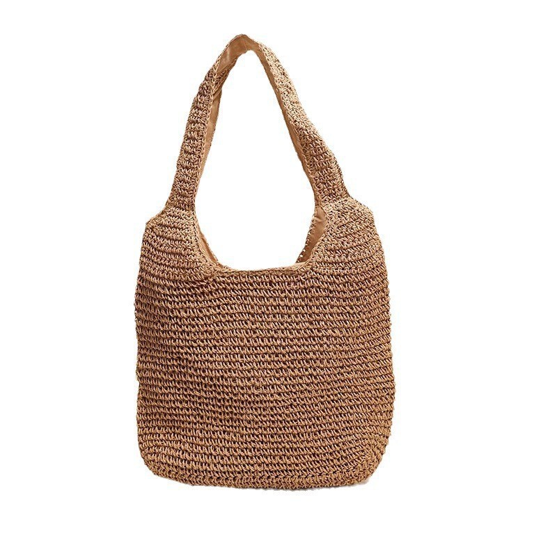 French-Style Straw Woven Bag, Fashionable Large-Capacity Simple Shoulder Woven Bag, Striped Versatile Women's Bag, Countryside Vacation Beach Bag