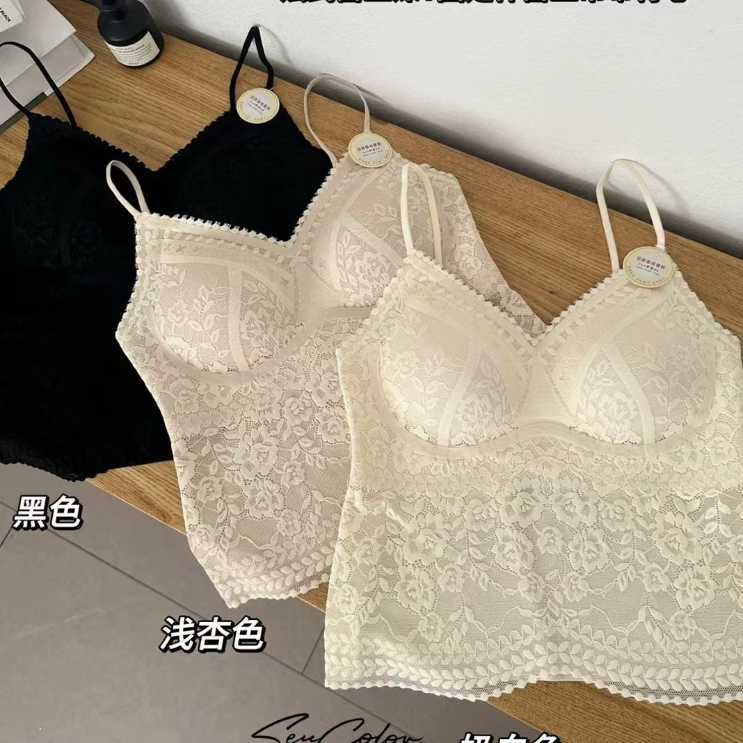 Красивая майка с французским кружевом на спине и толстыми чашками, дышащая, делает небольшой бюст больше, сексуальный глубокий V-образный вырез, изысканная кружевная майка.