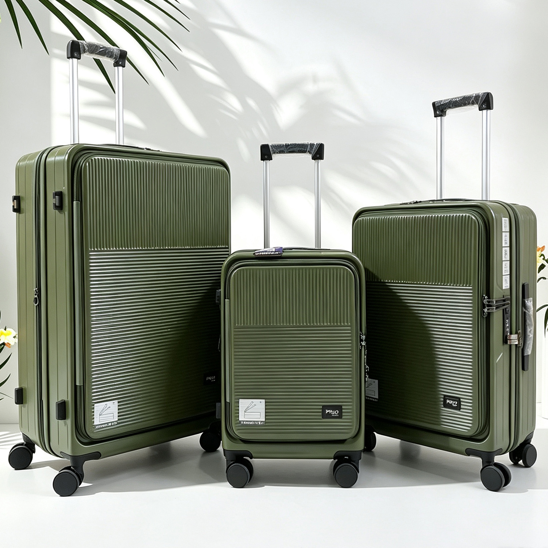 Factory direct stock of 20/24/28 inch new front-opening and side-opening luggage with striped explosion-proof chain, cup holder, and TSA lock.