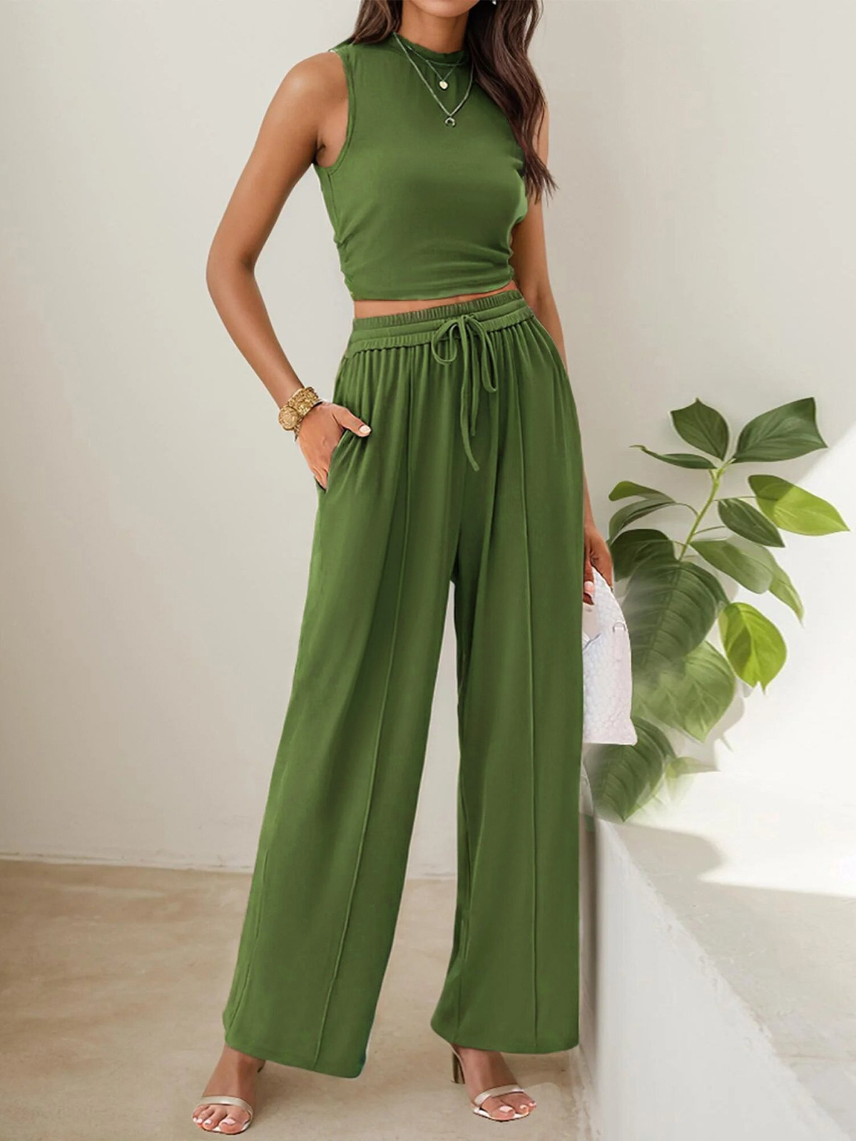 Women's Clothing Summer Leisure Suit Sleeveless Round Neck Short Slim Fit Top Wide Leg Pants Two Piece Suit_ecoleips.com