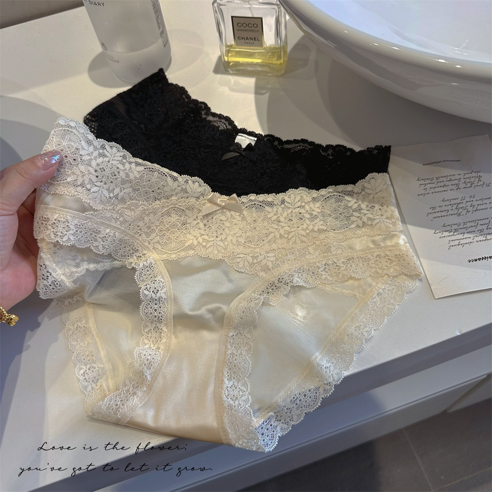 Lace sexy underwear ladies French satin pure want hollow cotton crotch breathable girl low waist briefs wholesale