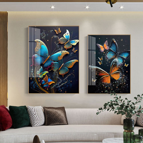 Gilt butterfly living room decorative painting sofa background wall hanging painting bedroom light luxury crystal porcelain mural diamond triptych hanging painting