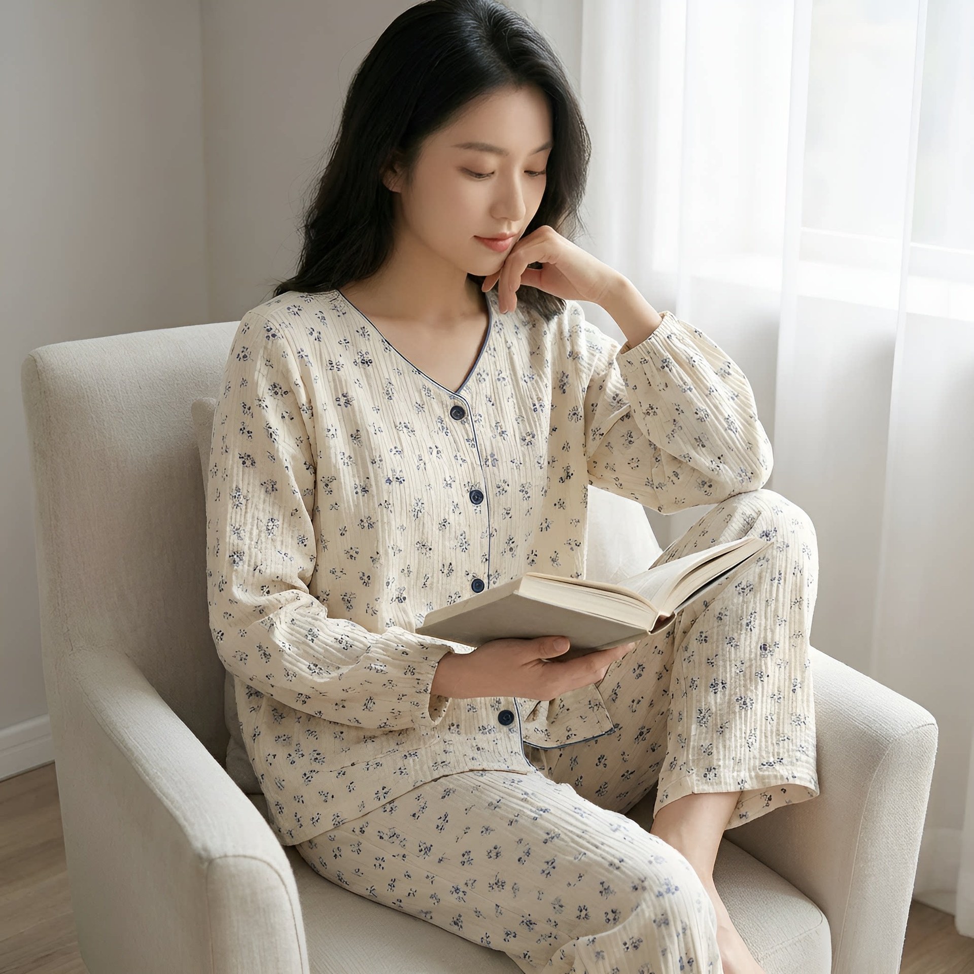 순면 편안한 아기 면 원사 문 의류 봄과 가을 얇은 숨겨진 간호 입 산후 간호 임산부 모성 잠옷