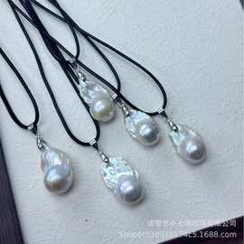 异形巴洛克天然珍珠高级感休闲时髦黑皮绳项链毛衣链可调节ins风