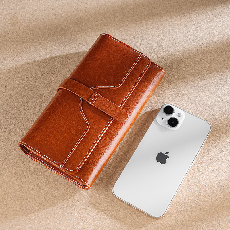 El comercio exterior de alta calidad de las mujeres de piel de vaca larga cartera RFID antirrobo cepillo de aceite de cera de cuero de embrague teléfono móvil de las mujeres