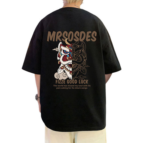 Pure Cotton Summer Short Sleeve T-Shirt for Men with Lion Dance Cartoon Crew Neck Half Sleeve Trendy Hong Kong Style T-Shirt for Boys