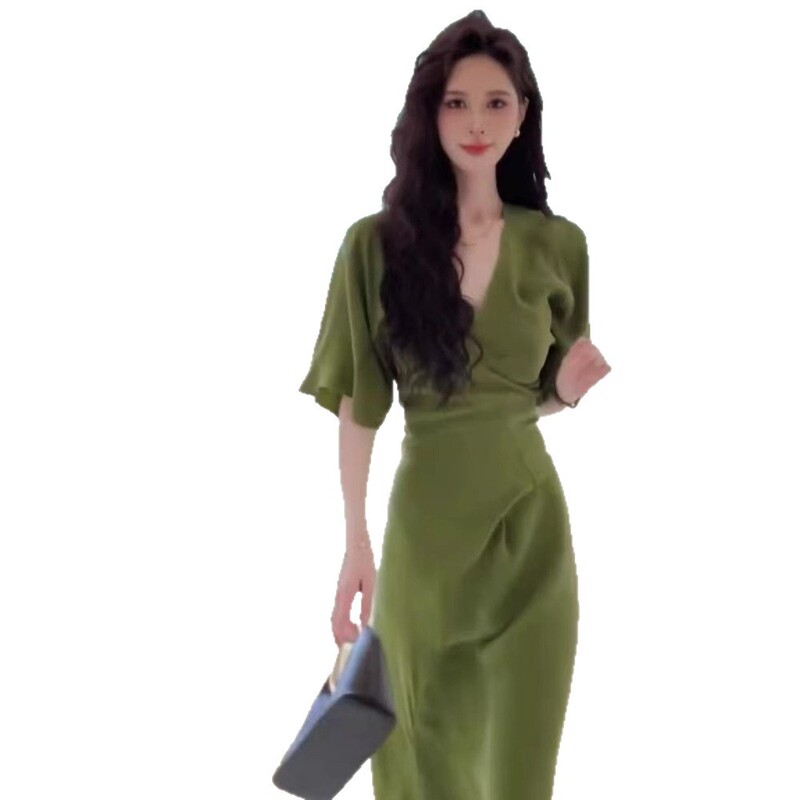 syfs9131 フレンチエレガントなグリーンドレス女性のための 2025 夏の新しいファッション V ネックスリムロングスカート|undefined