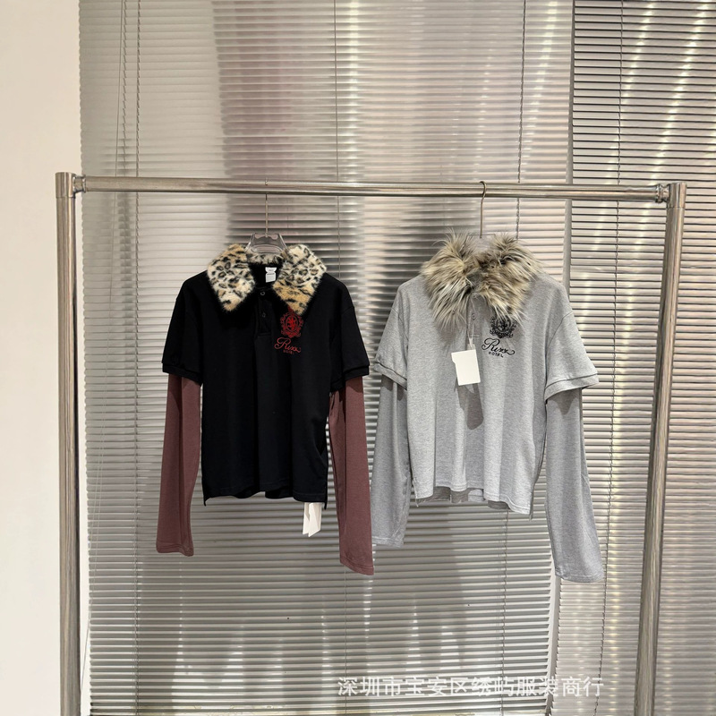 2026 Spring and Autumn New Pro@tocol Leopard Print Detachable Fur Collar Casual Two-in-One POLO Long Sleeve