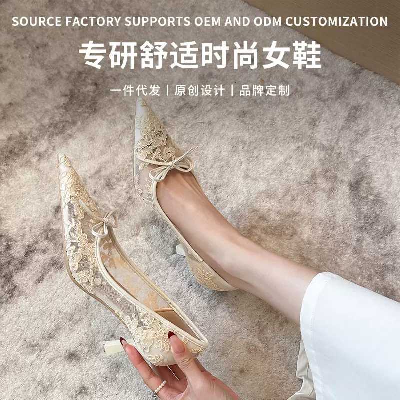 879-6 法式气质蕾丝尖头高跟鞋春款蝴蝶结网布细跟宴会女鞋新娘鞋