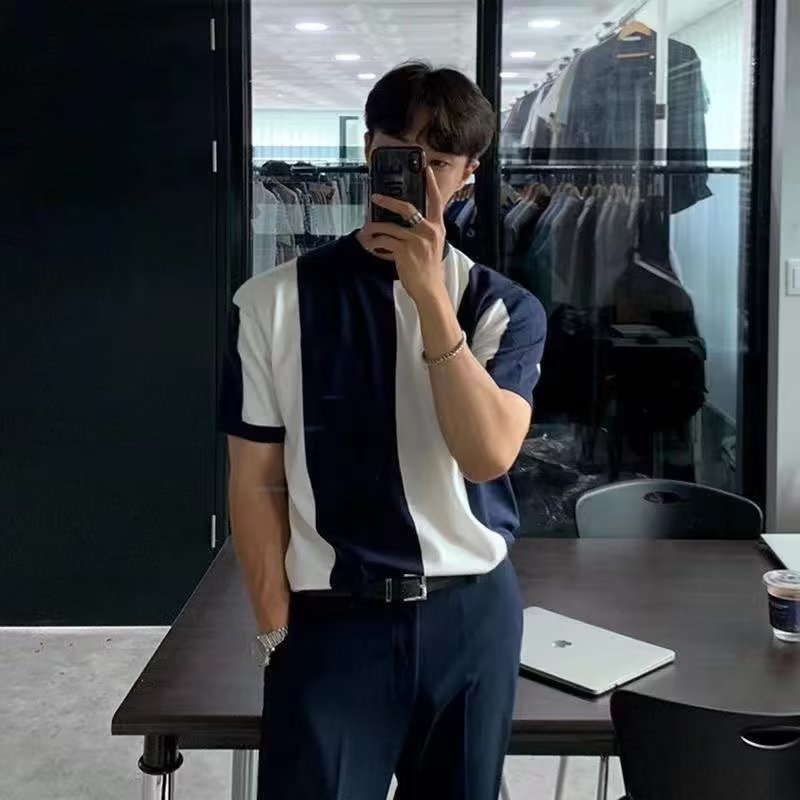 Verano nuevo estilo europeo y americano delgado suéter de punto de manga corta camiseta de negocios moda cuello redondo rayas comercio exterior envío transfronterizo